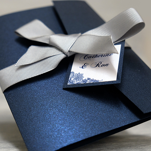 Blue envelope with silver ribbon Wedding invitations